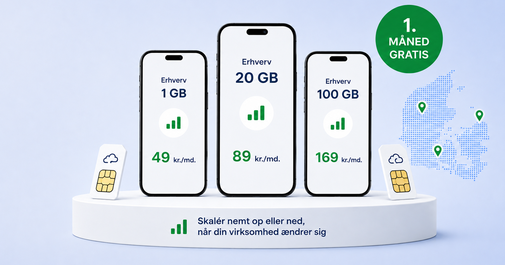 CloudSIM erhvervsabonnementer – Erhverv 1 GB, 20 GB og 100 GB med 1. måned gratis